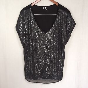 Studio Y Black Silver Sequin Layered Front Cap Sleeve Blouse Size Large